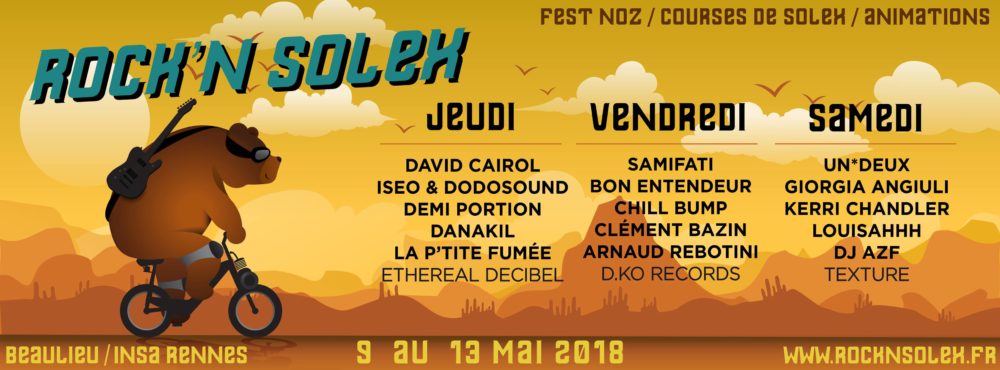 programmation du festival Rock'N Solex 2018 : course , animations, rock , festnoz